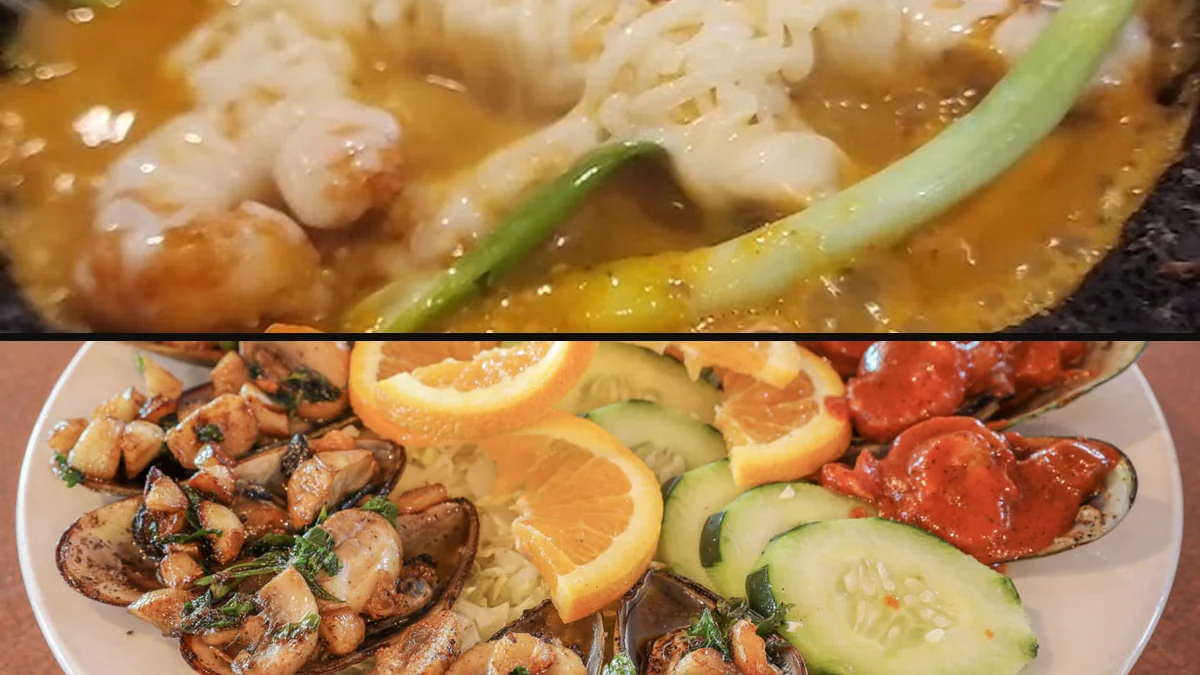 Shared platters for a group meal.