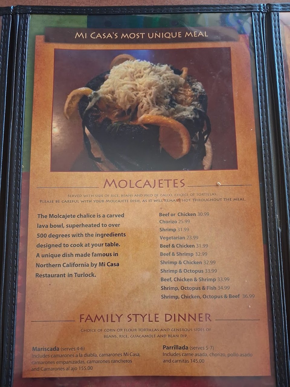 Printed menu with Mexican and seafood selections.